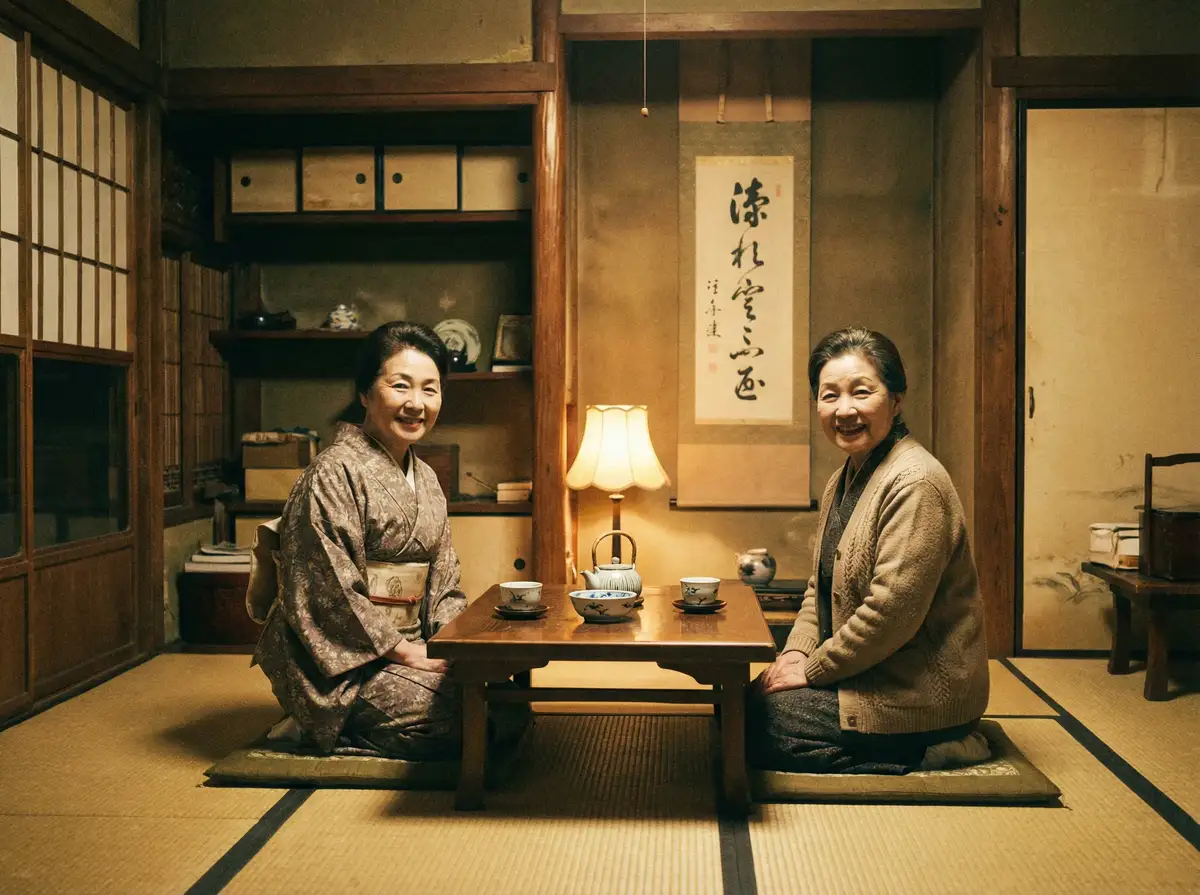 两位优雅的 绅士游戏 在日式茶室中品茶交谈